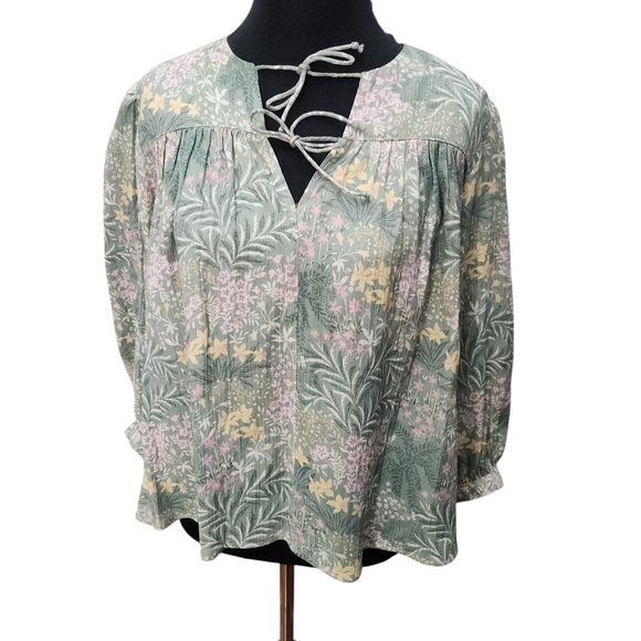 NWT Wonderly 3/4 Puff Sleeve 2 Tie Neckline Green Yellow Pink Floral Size Small - Picture 2 of 10